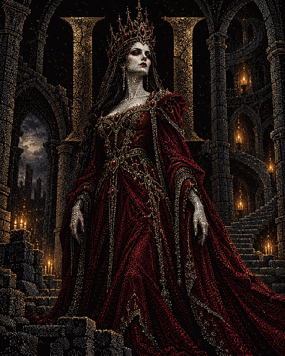 La Comtesse, hommage pointilliste à Diablo II : silhouette en robe bordeaux dans les arches d’une tour, devant un II gothique doré.