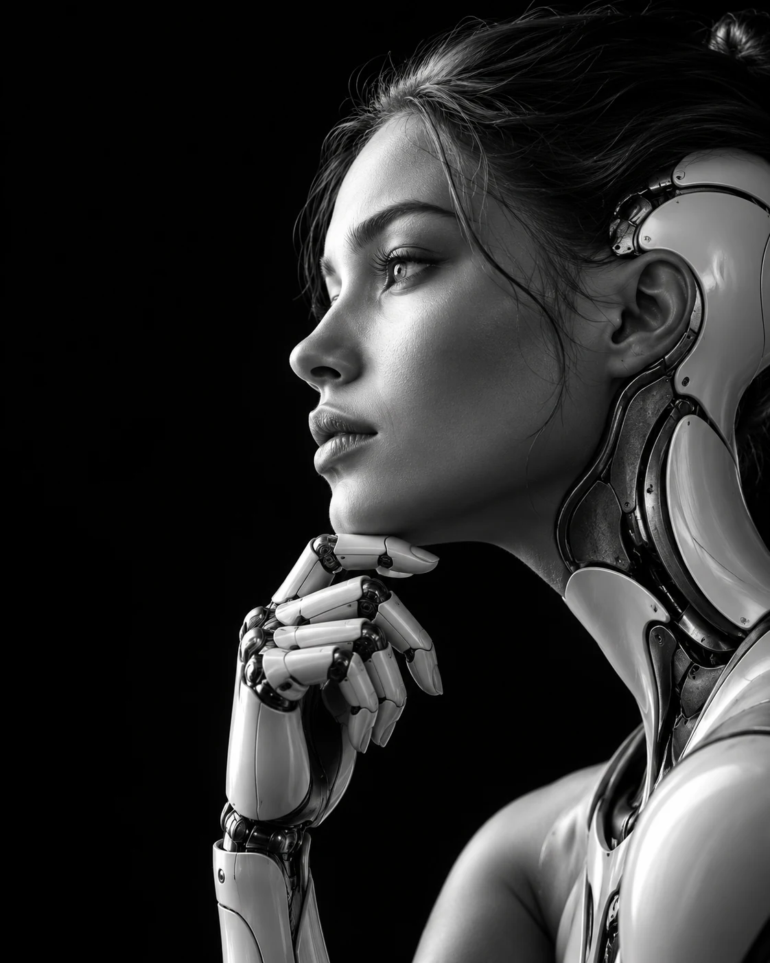 Portrait de création : un visage humain et mécanique de profil, la main sous le menton.